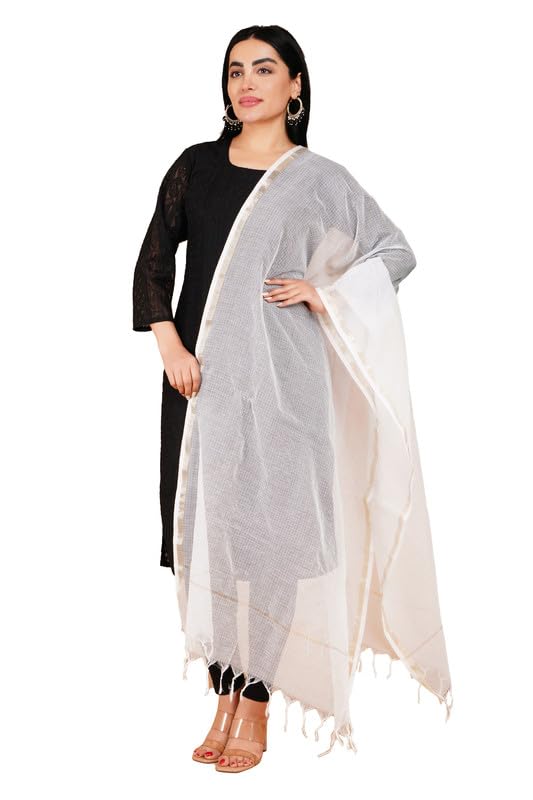 way2like White Hand Dyed Kota Cotton Dupatta Solid Scarf With Golden Border-picture-11