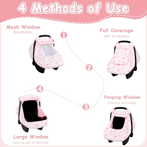 Image of Baby Car Seat Cover with Mesh Window, Windproof Carseat Cover for Infant Girls, Infant Carseat Canopy with with Dual Zipper, Compatible with Most Baby Car Seat, Pink Bow
