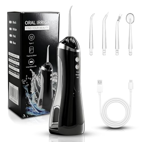 ONGNIUU Irrigador Dental Portátil, 200ML Irrigador Bucal Inalámbrico con 4 Boquillas y 3 Modos, IPX7 Impermeable y Sin BPA, USB-C Recargable,Water Flosser para Viajes y Hogar