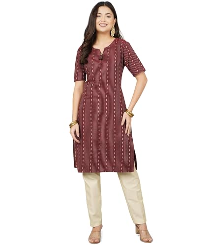 Image of Cotton Dobby Woven Design V- Neck Elbow Sleeves Knee Length Kurta for Women's