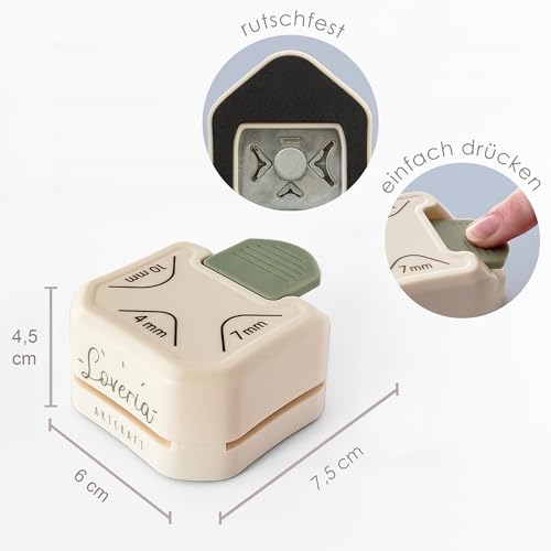 Loveria Eckenstanzer 3 in 1 | Papier Ecken abrunden, 3 Größen 4mm / 7mm / 10mm | Stabiler Stanzer aus Edelstahl | Eckenabrunder zum Basteln | Bastelzubehör