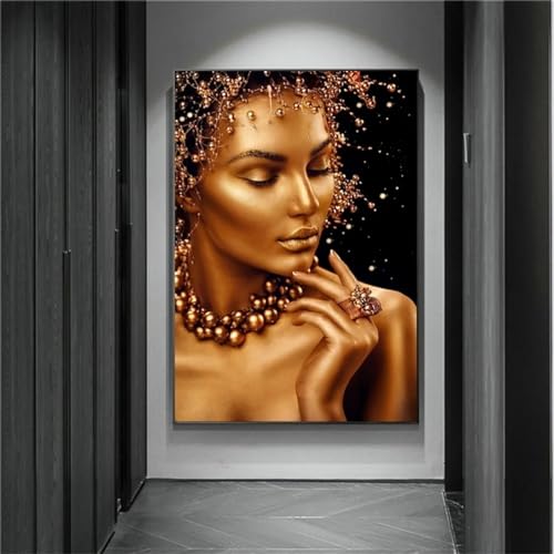 Tableau abstrait femme or et noir 70x117 cm, toile premium encadrée
