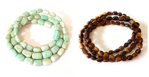 Amazonite et œil de tigre : lot de 2 mèches de 66 cm pour création de bijoux de 520 ct