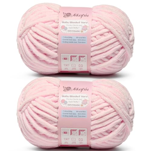 Image of 2 Pack Light Pink 14.1 oz /196.8 yds Chunky Chenille Yarn for Crocheting, #7 Super Bulky Baby Blanket Yarn for Crocheting Soft, Fluffy Velvet Yarn for Knitting, Amigurumi Crochet Yarn for Crafts