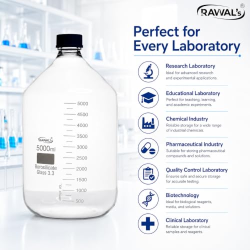 Image of RAWAL'S 5000ml Borosilicate Glass Reagent Bottle - Heavy-Duty Lab Bottle with Leak-Proof Screw Cap | Chemical Storage Container for Laboratory, Scientific, Industrial & Professional Use