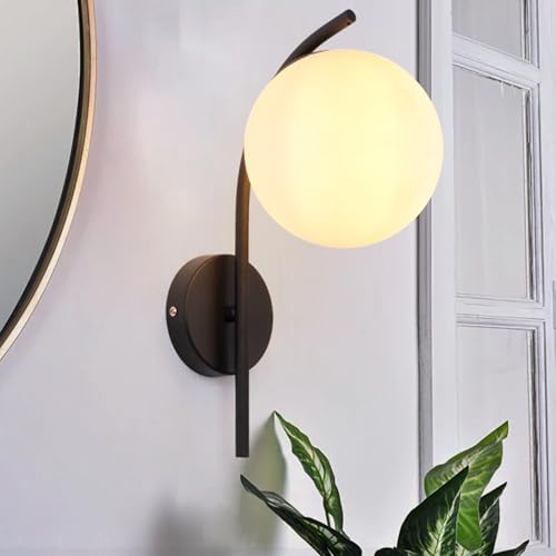 Image of Wall Sconces Plug in, Hanging Wall Lamp with Plug in Cord, Metal Wall Lamp White Glass Globe Indoor Wall Decor Light for Bedroom, Farmhouse, Hallway, Living Room, Kitchen, Black