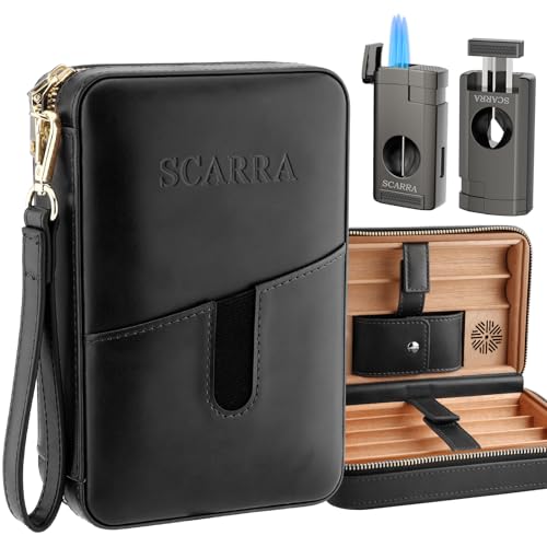 SCARRA Travel Cigar Humidor Box with Cigar Lighter, Leather Cedar...