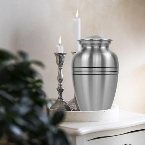 Image of Trupoint Memorials Cremation Urns for Human Ashes, Funeral Memorial Urn for Male and Female, Decorative Burial Metal Urn Collection for Adult Men & Women - Silver, XL (360 LB)
