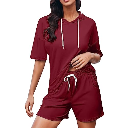 Generisch Conjunto de manga corta de verano de dos piezas para mujer con capucha de manga corta con capucha pantalones cortos casuales pantalones de pijama para mujer cortos deportivos casuales traje Generisch Conjunto de manga corta de verano de dos piezas para mujer con capucha de manga corta con capucha pantalones cortos casuales pantalones de pijama para mujer cortos deportivos casuales traje