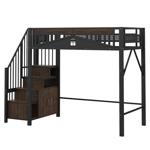 Kinderbett Etagenbett 90x200, Hochbett Hausbett mit Fenster&Treppe&Aufbewahrungsschrank, Metallbett Funktionsbett Einzelbett Jugendbett Spielbett mit Rausfallschutz&Lattenrost, Ohne Matratze, Schwarz