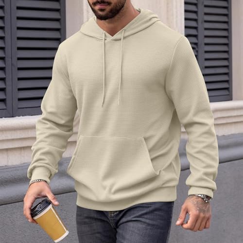 Hoodies for Men Fall Solid Textured Waffle Knit Pullover Hoodie Long Sleeve Casual Lightweight Hooded Sweatshirt2
