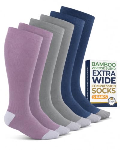 Pembrook Plus Size Compression Socks Wide Calf - Bamboo Viscose Knee High Socks (3 Pairs, Multi-Color)