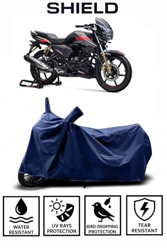 Image of Shield Heavy Duty Bike Cover for Tvs Apache RTR 180 | All-Season, Tear-Proof Fabric | with Side Mirror Pocket & Buckle Belt | Tvs Apache RTR 180 Bike Cover (Blue)