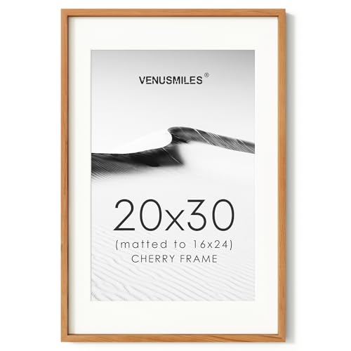 Image of 20x30 Poster Frame, USA-Sourced Natural Cherry Wood Picture Collage Frame with HD Tempered Glass, Modern Simple 20 x 30 Wooden Photo Frame Matted to 16x24, Vertical & Horizontal Wall Hanging Display