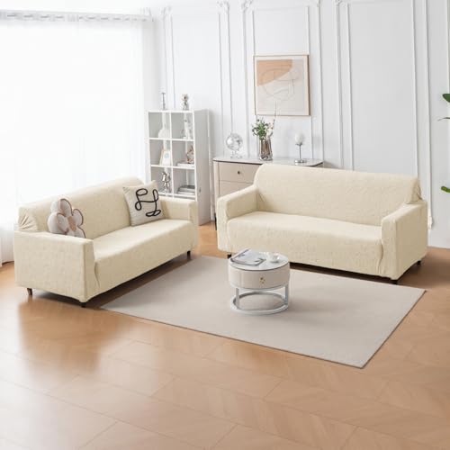 Image of House of Quirk Universal Jacquard Fabric Sofa Cover - Soft, Stretchable Couch Slipcover, Flexible Fit, Wrinkle-Resistant & Easy to Clean (Beige, Two Seater)