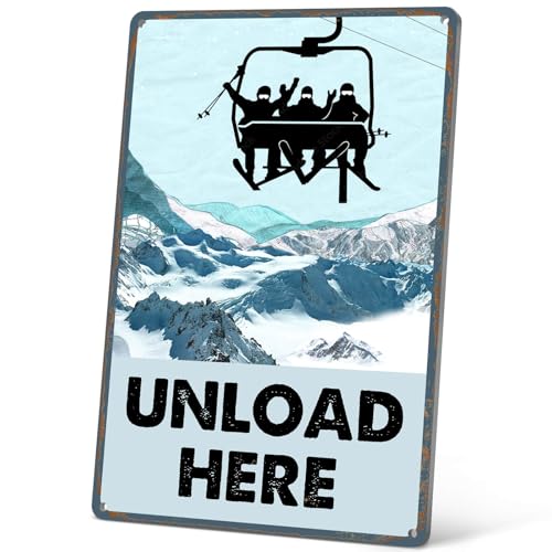 HYBLOM Vintage Unload Here Metal Sign - Ski Decor, Skiing Party Decorations for Chalet, Lodge, Apres Ski, Ski Resort Wall Art, Aluminum 12x8 Inch