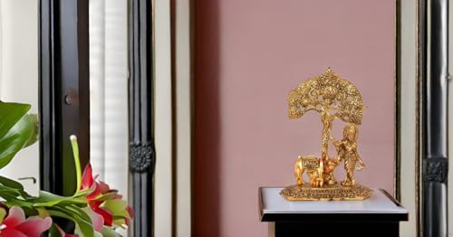 Image of Lavanaya Silver -Metal Krishna Playing Flute Idols Statue Murti with Kamdhenu Cow Standing Under Tree - Gold Plated Krishna Idol Showpiece for Home Office Temple Decorkrishna with Cow