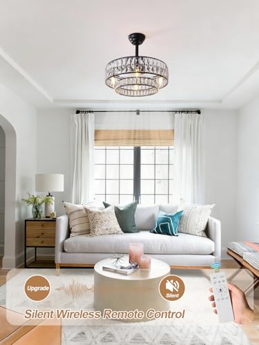 Image of 20 inch Black Fandelier Ceiling Fan with Light, Black Crystal Chandelier Ceiling Fans with Light, Mid Century Rustic Remote Control, Semi Flush Mount Caged with 6 Speed for Living Room Bedroom Nursery