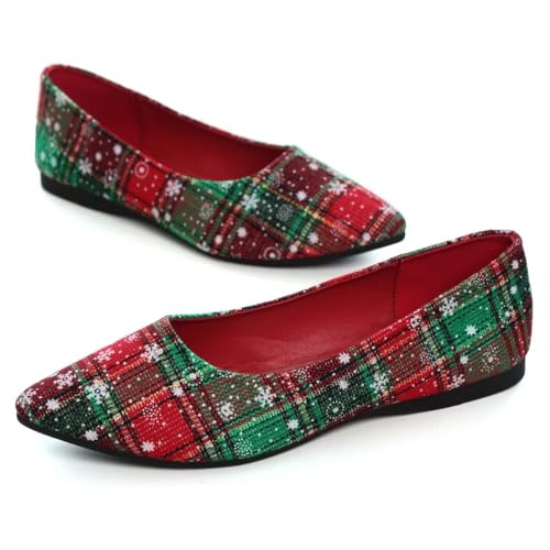 Hee grand Women's Christmas Shoes Comfortable Pointed Toe Slip on Flats Plaid Snowflake Dress Shoes for Christmas Party