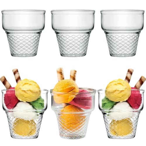 Set da 6 Bicchieri Gelato in Vetro Resistente e Trasparente con Design a Cono, Coppe per Dessert, Yogurt, Caffè, Dolci, Tè e Bevande, Ideali per Feste, Cene e Uso Quotidiano, Lavabili in Lavastoviglie