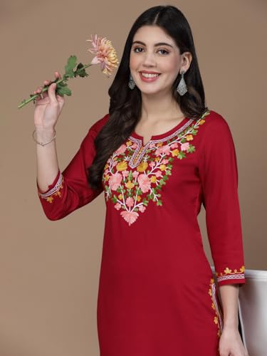 Image of QAZMI Women's Floral Aari Embroidered Viscose Rayon 3 /4 Sleeves Straight Kurta