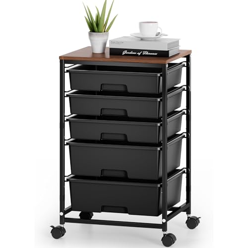 Image of SYKIARIOL 5-Tier Rolling Utility Storage Drawer Craft Cart on Wheels with Wooden Tabletop, Mobile Craft Storage Drawer Cart Trolley for Home Office, Classroom, Craft Room & Kid Room, Black