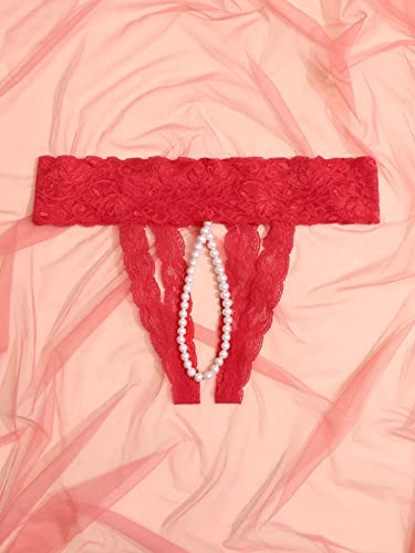 Oyoangle Women's Plus Size Floral Lace Pearls Seamless V String Thong Naughty Lingerie Red 3Xl #TOP12