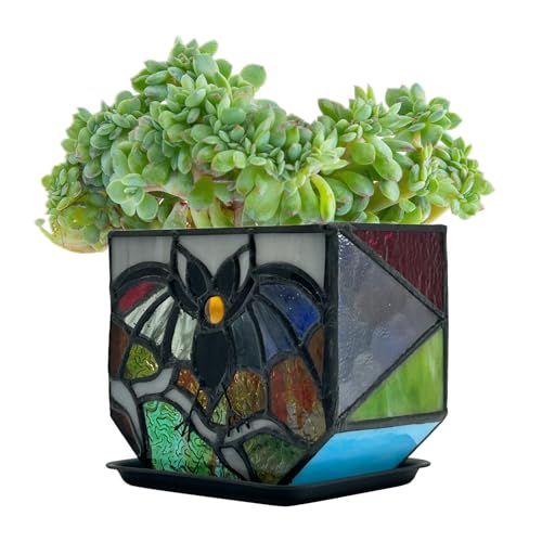 Entlityful Stained Glass Bat Planter with Drainage Holes, Cute Planter Pots for Indoor Plants, Halloween Stained Glass Bat Decor, Bat Suncatcher Flower Pot, Bat Gifts 4.6x5.15x3 in
