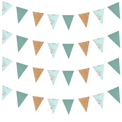 Image of Zwiebeco 39Ft Sage Green Floral Fabric Pennant Banner Vintage Burlap Triangle Flag Retro Flower Bunting Party Decoration for Birthday Engagement Wedding Bridal Baby Shower Rustic Village Garden Decor