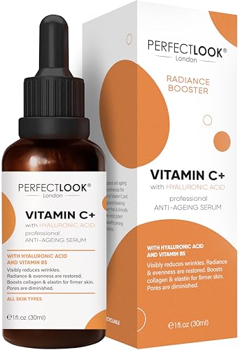 Perfect Look London Vitamin C Face Serum - with Hyaluronic Acid - Anti Aging and Brightening Formula to Plump, Hydrate, Reduce Dark Spots and Wrinkles