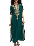 Women Embroidery Golden V Neck Arabic Dubai Kaftan Casual Beach Wear Cover Up Side Split Long Dress Green