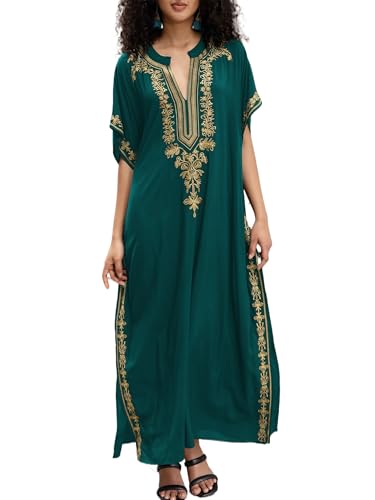 Women Embroidery Golden V Neck Arabic Dubai Kaftan Casual Beach Wear Cover Up Side Split Long Dress Green