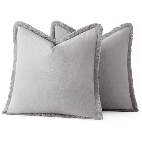 Image of MIULEE Decorative Throw Pillow Covers Neutral Linen Fringe Throw Pillows Set of 2 Light Grey Boho Farmhouse Cushion Covers with Tassels for Couch Sofa Bed Living Room Spring Home Decor 20x20 Inch