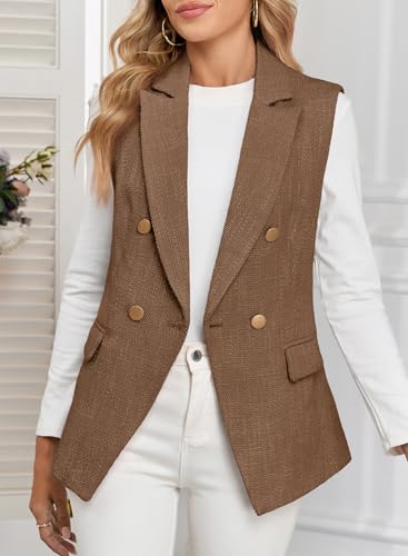 Happy Sailed Women’s Sleeveless Vest Tops 2025 Trendy Double Breasted Tweed Blazer Business Work Suits with Pockets3