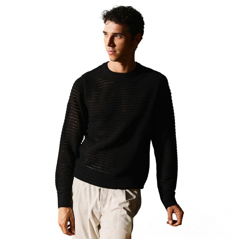 Men Sweater | Hem | Jacquard | Knitted Fabric for Wear | Obsidian Black-image-28