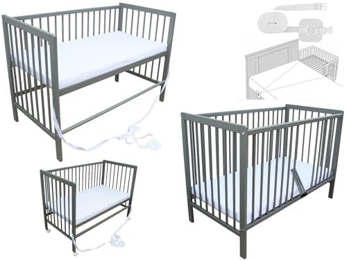 Micoland Kinderbett - Beistellbett - Babybett 120x60 cm umbaubares Bett mit Gurt, Rädern und Matratze (Grau mit Matratze)