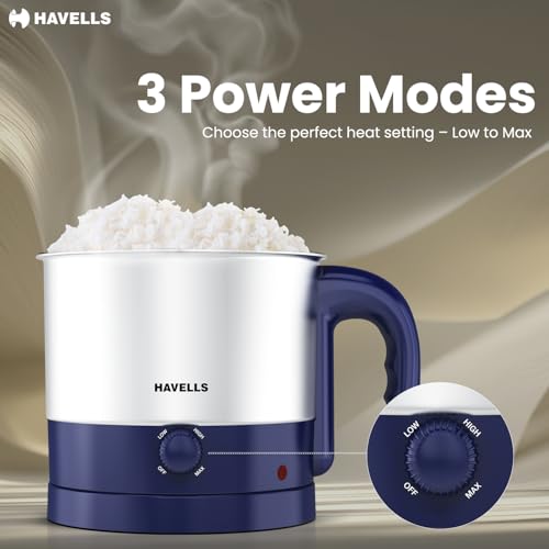 Image of Havells Steamor Multicook Kettle | 1.2 L Capacity | Food Grade Body with Cool Touch Handle | Multiple Steaming Attachments | Double Safety Protection | 3 Temperature Modes(Blue)