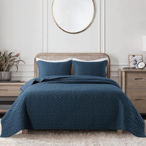 Image of VAS COLLECTIONS 280 TC Quilted Cotton King Bedspread Set, Ultrasonic Bed Cover with 2 Pillow Covers, Soft Breathable Lightweight All-Season Bedding, 90x100 in (228x254 cm) (Blue)