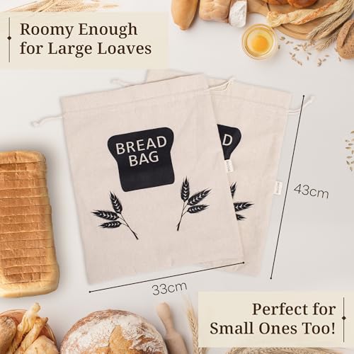2 Pack Plastic Lined Bread Bags for Homemade Bread/Keeping Bread Fresh - Eco Friendly Linen Storage Bags - 44cm x 35cm XL