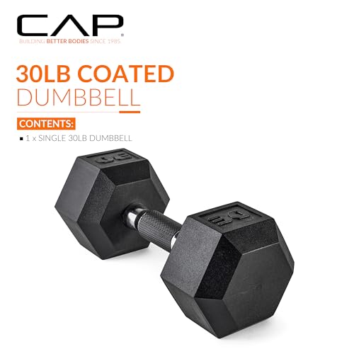 Image of CAP Rubber Coated Dumbbell Weights, Free Weights for Home Gym Strength Training, Anti-Roll Hex Dumbbells with Black, Chrome & Comfort Grip Handles, Singles