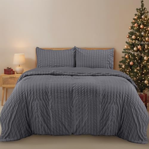 Utopia Bedding Seersucker Housse de Couette 200x200 cm avec 2 Taies d'oreiller 50x75 cm (Gris) - Parure de Lit 200x200 cm - Ensembles de Housses de Couette en Microfibre brossée Douce