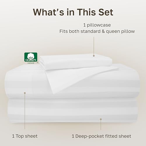 Image of California Design Den Twin Size Sheet Set - 100% Cotton 500 Thread Count Sateen, Deep Pocket Bed Sheets with Fitted Elastic Sheet, Soft Luxury - Striped White