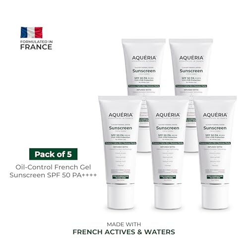 Image of Aqueria Oil Control Brightening Gel Multi-Active French Sunscreen SPF 50 PA++++ | In-Vivo /In-Vitro Tested | 2% Niacinamide, BHA & Hyaluronic Acid | Modern UV Filters | Broad Spectrum UVA /UVB & Blue Light Protection | Lightweight, Non-Greasy, No White Cast | Suitable for Daily Use | For Oily, Acne-Prone & Combination Skin | (Pack of 5) 75g