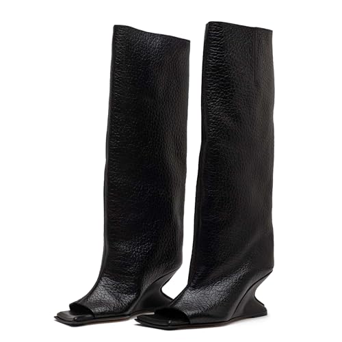Open Toe Knee High Boots for Women Square Peep Toe Wedges Slouchy Tall Boot Pull On High Heel Wide Calf Boots4