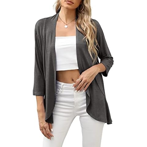 TASAMO Women’s Summer Cardigans Lightweight Open Front Draped Ruffles Hem 3/4 Sleeve Cardigan(Large, Dark Gray) Cover