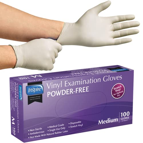 Inspire Exam Grade Powder & Latex Free Stretch Vinyl Gloves, Medium, 100 Count, White