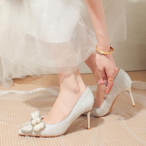 Women's Bow Rhinestone High Heels, Satin Sequins Sparkly Stiletto Sandals Pointed Toe Pull on Pumps Dress Wedding Shoes4