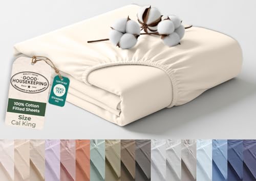 Image of Royale Linens 100% Organic Cotton California King Fitted Sheet - Percale Weave - Super Soft Deep Pocket Bottom Sheets - Cream Elastic Sheet - California King Fitted Sheets Only - (72 inchx84 inch+15 inch, Cream)