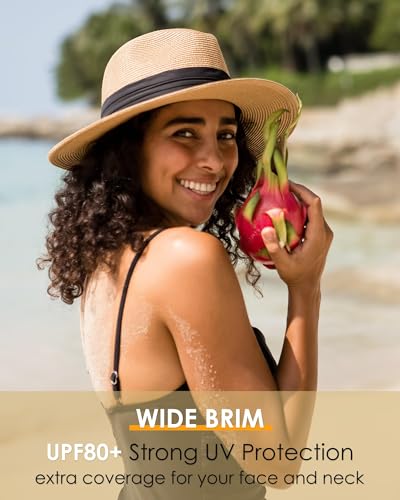 Image of FURTALK Sun Hat Wide Brim Straw Fedora Panama Beach for Men Women | Foldable & Packable for Travel, Breathable Sweatband, Adjustable Chin Strap, Ideal for Summer Boating, Gardening or Holidays