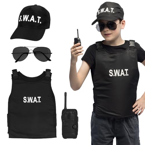 Boland - 00428 - Ensemble de costume d'agent SWAT pour enfants, 4 pièces, costume de carnaval pour soirée à thème, Halloween, carnaval, police, Noir